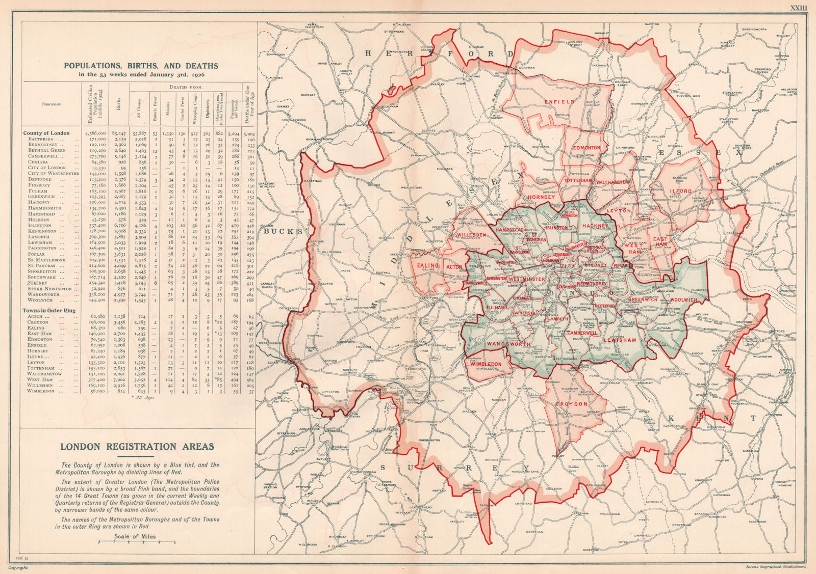 LONDON POPULATION, BIRTHS & DEATHS for 1926. County of London. BACON 1927 map